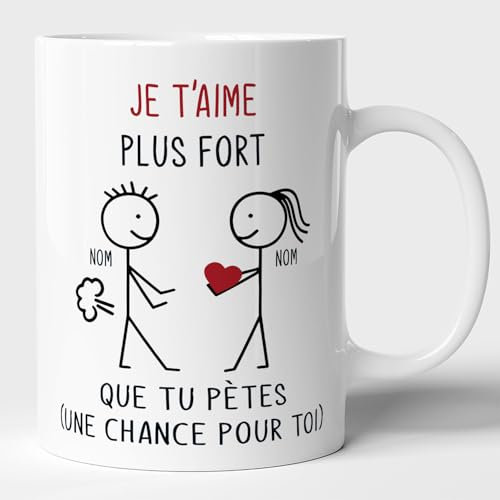 Lalasol Tazza divertente con rigolo personalizzata, con scritta I T'aime più forte di Tu Pètes, idea regalo divertente per gli amanti, coppia, San Valentino