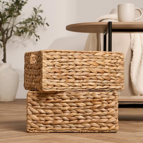 OHS Set of 2 Storage Baskets, Modern Foldable Handwoven Wicker Seagrass Storage Baskets with Handles For Shelves Laundry Toys Plants & Home Organization, Natural