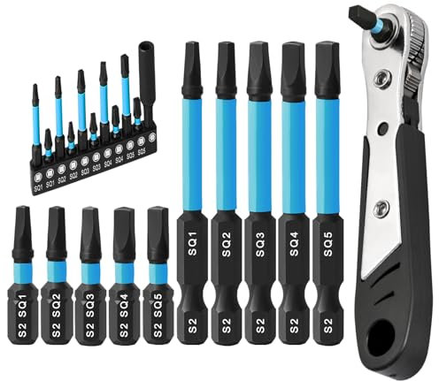 12 Stück Vierkant Bit für Schrauber, Schrauber Bit Set 25mm+60mm, CYLBAQ Vierkant Schraubendreher Bits, SQ1,SQ2,SQ3,SQ4,SQ5 Schraubendreher S2 Stahl mit Ratschen Wendeschrauber