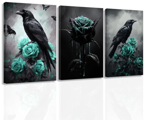 ZXHYWYM Gothic Leinwand Wanddekoration 3er Set Krähe und Rose Kunstdrucke dunkle Gothic Bilder Halloween schwarze Krähe Gemälde für Heimdekoration gerahmt (28x35cmx3)