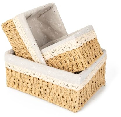 Wicker Baskets with Liner for Counter, Natural Paper Rope Rattan Storage Basket,Hand Woven Pantry Table Organizer Bins for Bedroom Living Room Bathroom School Shelves Office Desk (3 Pack Beige)