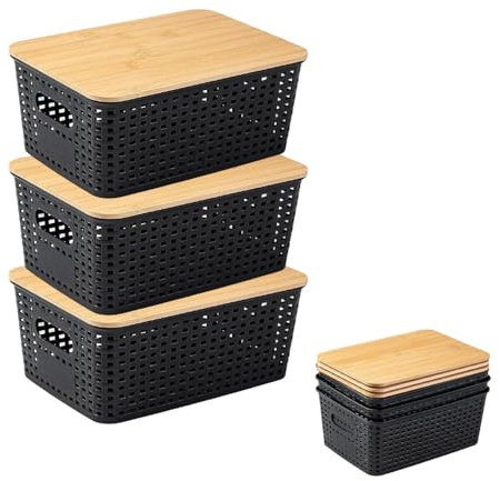 3 Stück Aufbewahrungsbox Mit Bambus Deckel,Kunststoff Bad Organizer Klein Aufbewahrungskorb Mit Griff,Stapelbar Kisten Aufbewahrung Mit Deckel Für Küche Badezimmer Schlafzimmer Balkon Regale(Schwarz)