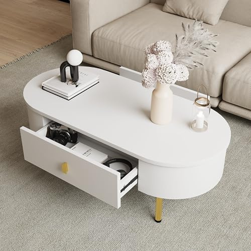 Couchtisch mit 2 Schubladen, Moderner Oval Wohnzimmertisch, Weiß Sofatisch mit Goldenen Griffen und Beinen, Beistelltisch Gebogenen Ecken, Kaffeetisch für Wohnzimmer, Schlafzimmer (108 x 50 x 40 cm)
