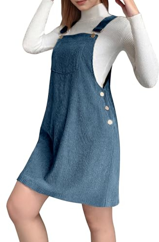 Cord Latzkleid Damen Ärmellos A-Linie Corduroy Minikleid Quadratischer Ausschnitt Trägerkleid Verstellbares Button Down Klied Hosenträger Knöpfe Freizeitkleider mit Taschen
