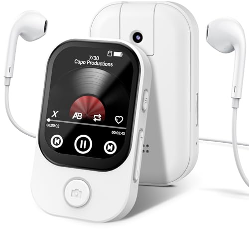 64GB MP3 Player Bluetooth 5.4 mit 180° Aufklappbar Kamera, RWSRW Mini Musik Player HD Lautsprecher FM Radio Fotoalbum Ideal HiFi-Sound E-Book Reader, Sport Schrittzähler (Weiß)