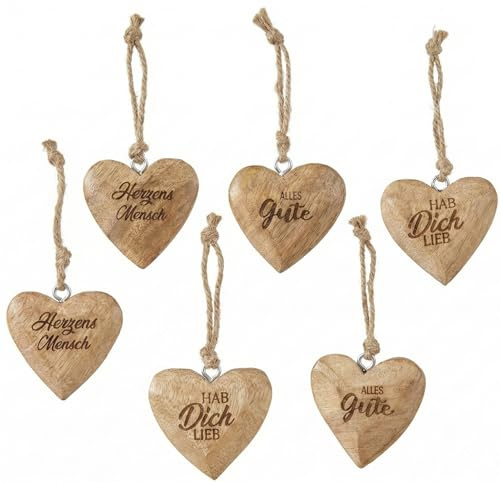 khevga Herzhänger Holz Ø 6 cm – 6er Set Herz Deko-Anhänger aus Mangoholz mit Gravur & Juteschnur | Holzdeko zum Aufhängen, Fenster- & Türdeko, Landhaus Deko