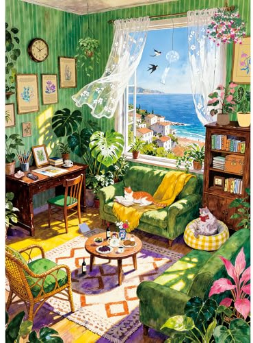 HUADADA 500 Piece Jigsaw Puzzle for Adults, Coastal Green Room with Cats, 49x35 cm, Matte Finish, Eye-Friendly, Art Home Decor Puzzle Gift