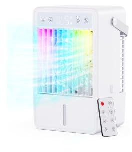 Quiet Air Conditioning Unit 1.5L Tank with LED Display & Remote Control, Portable Air Cooler, Air Conditioner 5 Speeds | 3 Modes, 7 Color Lights, 2-10 Auto-off Timer, 10W Energy Saving, USB-C Powered