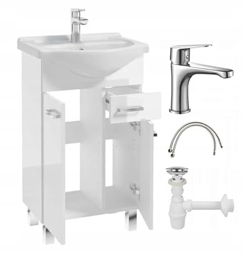 .Deftrans - Conjunto Mueble de baño con Lavabo y Grifo Cromo 85x50 cm Blanco Brillo con Patas MEA
