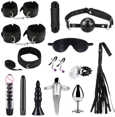 Kit Accessoires Contention, 15 Pièces Jeux Intimes pour Couple avec Menottes Souples Fouet Plume, Corde et Collier, Set de Plaisir Sensoriel pour Adulte Débutant
