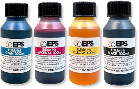 EPS Edible Ink for Canon & Epson Edible Printer - Bottled Refills (4 x 100ml) - Full Set of Bottled Edible Inks in Black, Cyan, Magenta and Yellow for CMYK Inkjet Edible Printers