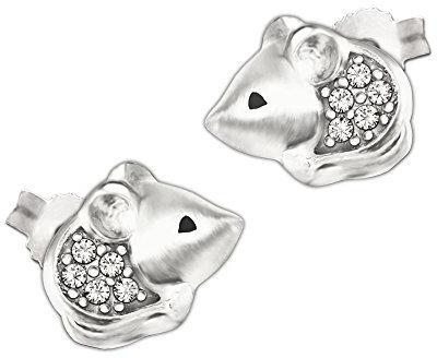 CLEVER SCHMUCK Silberne kleine Damen Ohrstecker Mini Maus 7 x 5 mm Augen schwarz teilmattiert glänzend mit Zirkonia Sterling Silber 925