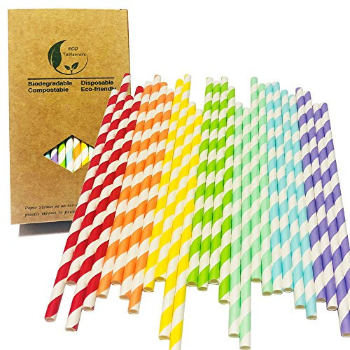 100 Pieces Pailles en Papier Rayées et Colorées, Aux 7 Couleurs L’arc-En-Ciel Rouge/Orange/Jaune/Vert/Bleu/Violet/Rayures Violettes - Pailles en Papier Accessoire de Fête