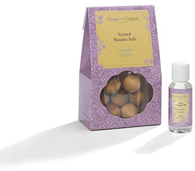 Hassett Green London - Lavender Vanilla - Scented Wooden Balls Pack of 12 plus 30ml Bottle of Home Fragrance Oil for Refreshing - Alternative to Pot Pourri, Diffusers, Sachets and Drawer Liners