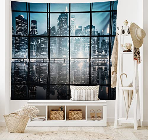 ABAKUHAUS New York Wandteppich, New York bei Nacht Landschaft, aus Weiches Mikrofaser Stoff Klare Farben Wand Dekoration, 150 x 110 cm, Schwarz Weiß