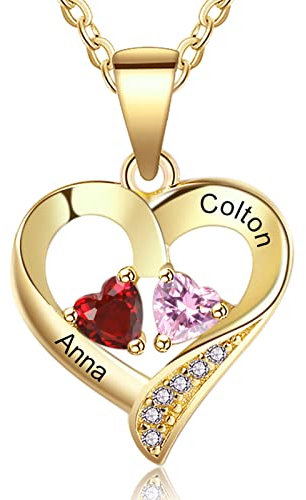 Grand Made 2 Namen Damen Kette mit Herz Anhänger Stimulierter 2 Geburtsstein mit Ihr Namen 925 Sterling Silber vergoldet Geschenk für Damen (Gold, Silber)
