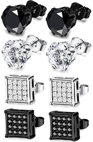 JOERICA 4 Pairs Stainless Steel Stud Earrings for Men Women Earrings CZ Inlaid,6-8mm, Stainless Steel, Cubic Zirconia
