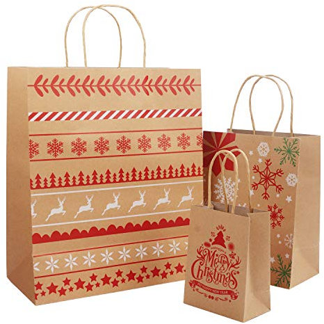 BELLE VOUS 18 STK Geschenktüten Weihnachten - Geschenkverpackung Papiertüten Kraftpapier 3 Größen (je 6 STK) - Geschenktasche mit Griff für Party Geschenk