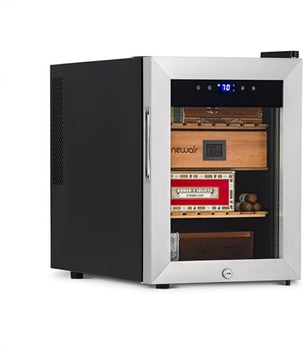 NewAir 250 Count Electric Cigar Humidor Box | Cigar Cooler Cabinet with Thermoelectric Cooling | Digital Temperature Controls, Spanish Cedar Shelves, and Locking Glass Door | Stainless Steel