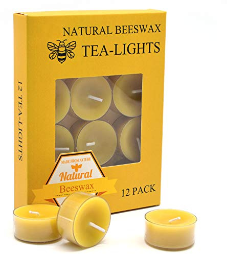 Natürliche gelbe Bienenwachs-Teelichter, Bio-Kerzen, natürlicher Duft, rauchfrei, sauberes Abbrennen, 12 Stück