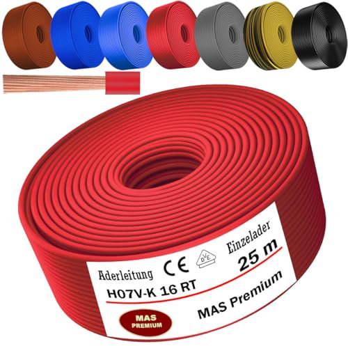 MAS Premium Câble conducteur H07 V-K 16 mm² de 5 à 100 m - Noir, marron, bleu foncé, jaune vert, gris, bleu clair ou rouge - Fil unique flexible (rouge, 25 m)