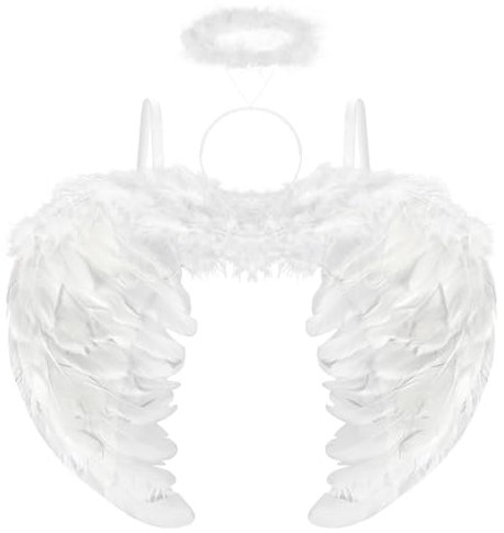 Ailes d'ange Blanc, Ailes et Auréole d'ange, Déguisement Ange, Serre Tete Ange, Halloween Costume Enfant, Costume de Fête pour Halloween Carnaval Mascarade Cosplay