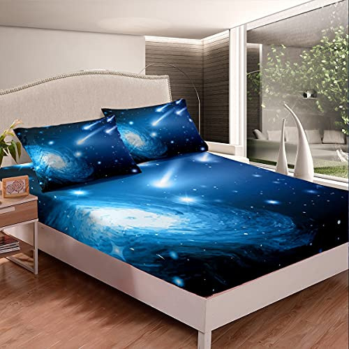 Meteor Spannbettlaken 90x200cm, Funkelnde Sternengalaxie Spannbetttuch für Kinder Jungen Mädchen Erwachsene, 3D Psychedelischer Kosmos Spannbetttuch Bettlaken Set Ultra weich 2St