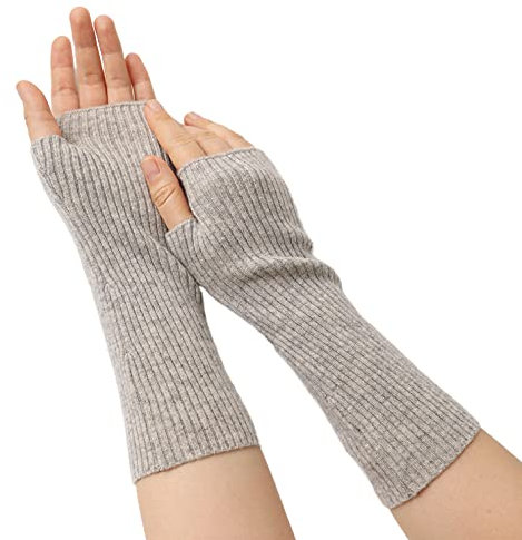 Prettystern Damen mid-lange Kaschmir-Wolle Pulswärmer Arm-Stulpen fingerlose Ripp gestrickt Handschuhe silber-grau
