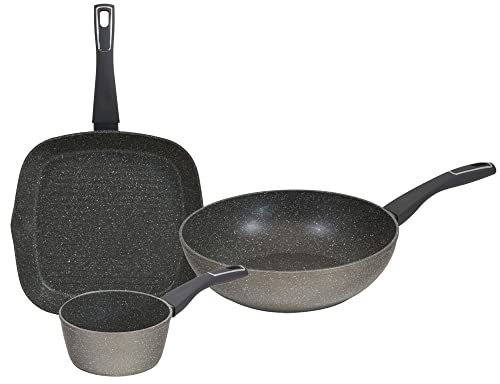 Packung Basic: Kasserolle, 16 x 7,5 cm, 1,3 l, Grillpfanne 28 x 28 x 4,5 cm und Wok 28 x 7,2 cm, aus geschmiedetem Aluminium, Induktion, Kollektion Mercury