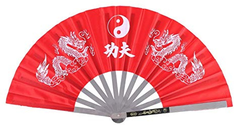 Practice Training Performance Tai Chi Fan, Double Dragon Hand Fan Chinese Folding Fan Kung Fu Hand Held Folding Chinese Embroidery Martial Arts Fan for Dance Fighting Festival Wall Decorations(red)