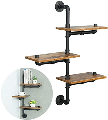 SaiDuoDuo 3-Tier Industrial Pipe Wall Mount Shelves, Rustic Shelves, Wooden Floating Shelves, Wall Mounted Book Shelf, Wall Shelves, for Kitchen, Living Room Decor Home Accessories
