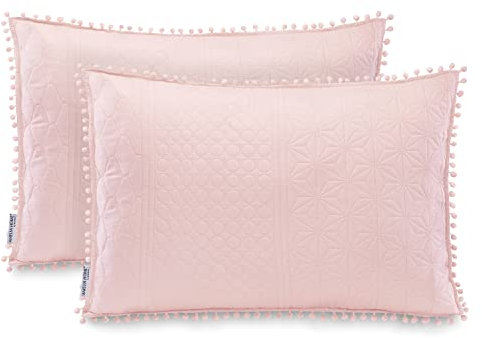 AmeliaHome Lot de 2 taies d'oreiller avec Pompons surpiqûre ultrasonique des Deux côtés 50 x 70 cm Meadore Rose poudré