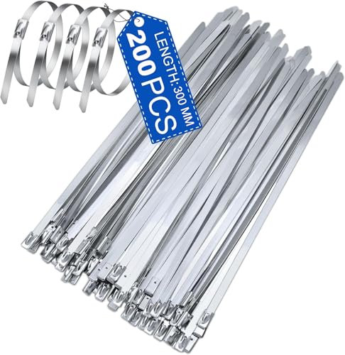 Edelstahl Kabelbinder 200 Stück, Kabelbinder Metall Rostfrei, Arespark 300 X 4.6mm Silberweißer Kabelbinder mit Selbstsicherung, für Auspuffaufwicklung, Kabelbündelung, Gartenpflege und Markise