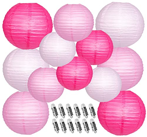 Papierlaternen dekorativ, Rosa Hängende Papierlaternen mit Lichtern für Verlobung Junggesellinnenabschied Geburtstagsfeier 12 LED Licht Runde Chinesische Laternen 30,5 cm 25,4 cm 12 Stück