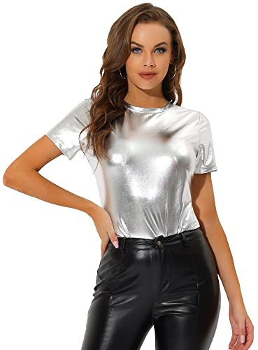 Allegra K Damen Sexy Clubwear Bluse Kurzarm Shiny Metallic Glittzer Tee Top Shirt Silber S