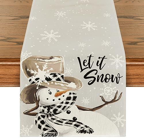 Artoid Mode Schneemann Büffel Plaid Schal Lass Es Schneien Weihnachten Tischläufer, Küche Tisch Dekoration Drinnen Urlaub Party Dekor 40x140 cm