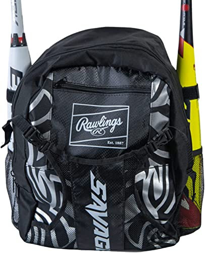 Rawlings Savage Rucksack Ausrüstungstasche | T-Ball/Baseball/Softball | Schwarz