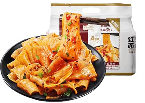 Mkostlich Nouilles Asiatiques Larges, Nouilles Instantanées Aigres et épicées, Nouilles Chinoises épicées avec Huile de Piment de Sichuan, MianPi cuit à la Vapeur 面皮(100gx4, Aigre et épicé)