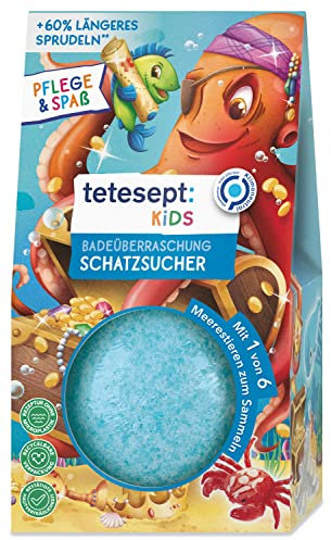 tetesept KIDS Badeüberraschung Schatzsucher – Sprudelnde Badekugel mit Meerestier-Sammelfigur – Blauer Sprudelspaß und hautpflegende Rezeptur – 6 x 183 g