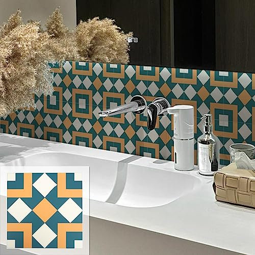 COLAMO Luxury 10 Sheet Green Orange Mix Matt Peel and Stick Backsplash,Faux Ceramic Adhesive Graphic Tile for Kitchen,Geometric Mediterranean Stick on Accent Wall for Bathroom,RV,Vanity,Waterproof
