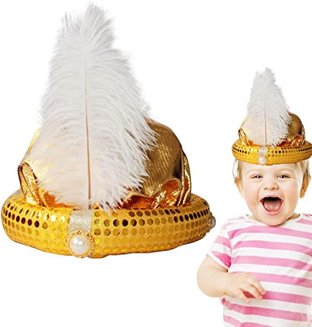Aladdin Hut Herren - Sultan Männer Kopftuch - Mit Feder- und Perlen-Pailletten-Design, Sultan-Kopfwickel-Turban, glänzendes Aussehen für Theater