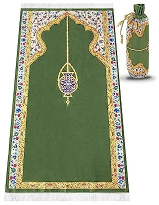 ihvan online Seidiger muslimischer Gebetsteppich mit elegantem Design | islamische tragbare Gebetsteppich | Ramadan Eid Geschenke | Gebetsteppich Matte mit Reisetasche (Grün)