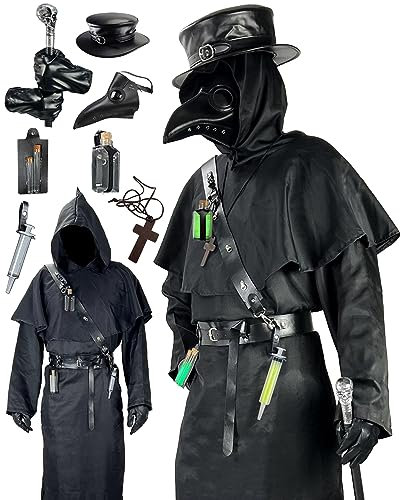 Absolute Vibe Pestarzt-Kostüm-Set, Halloween-Requisiten, Renaissance, Mittelalter, Mönch, Priester, Cosplay, Outfit, Maske, Hut, Robe, Stock (Schwarz, XL)