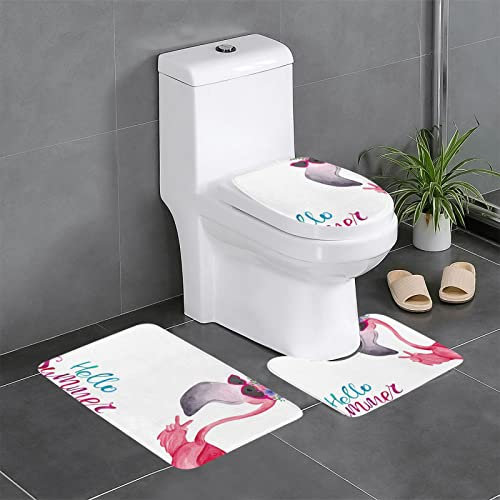 ROOZEE Flamingo Flanell rutschfeste Badezimmermatten-Sets 3-teilig - Dekoratives Badematten-Set, Badezimmerteppich + U-förmige Kontur-WC-Vorleger + O-förmiger Toilettensitzbezug