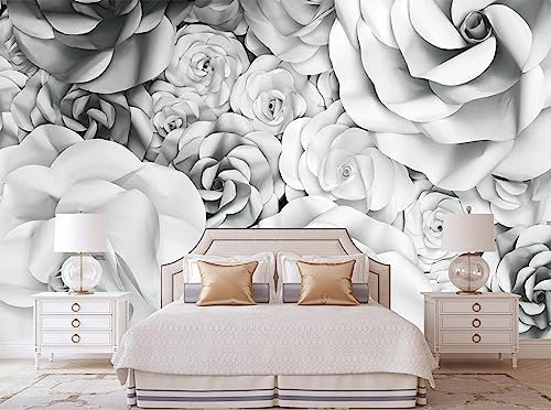Papier Peint Panoramique de Rose Blanche 3D, Personnalisé Gris Et Blanc Poster Murale Intissé - pour Chambre Salon Décoration Murale - 300 x 210 cm