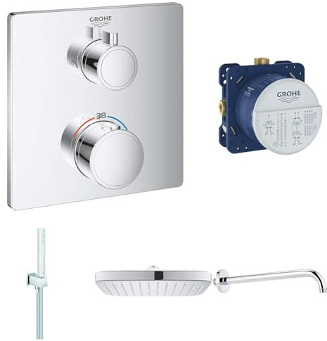 GROHE Bathtub Shower Trim Kit, Grohtherm THM Thermostatic Mixer, Vitalio Comfort 250 Headshower, Rainshower Shower Arm, Chrome, GROHE StarLight Finish