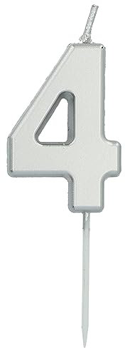 Folat 24134 Kuchen Kerze Ziffer/Zahl 4 Silber-5 cm Geburtstagskerzen für Geburtstag, Geburtstagsdeko, für Kinder Partys, Hochzeiten, Firmenfeiern, Jubiläen