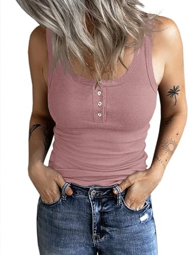 Fessceruna Damen Tops Sexy U-Ausschnitt Tank top Ärmellos Sommer Oberteile Gerippt Camisole mit Knöpfen(Dunkelrosa, S)