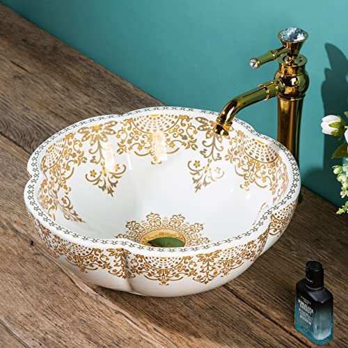 1 ensemble complet vasque pour salle de bain, en céramique blanche et dorée avec robinet doré et bonde pour salle de bain et maison de campagne, lavabo diamètre : 41 cm