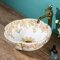 1 ensemble complet vasque pour salle de bain, en céramique blanche et dorée avec robinet doré et bonde pour salle de bain et maison de campagne, lavabo diamètre : 41 cm